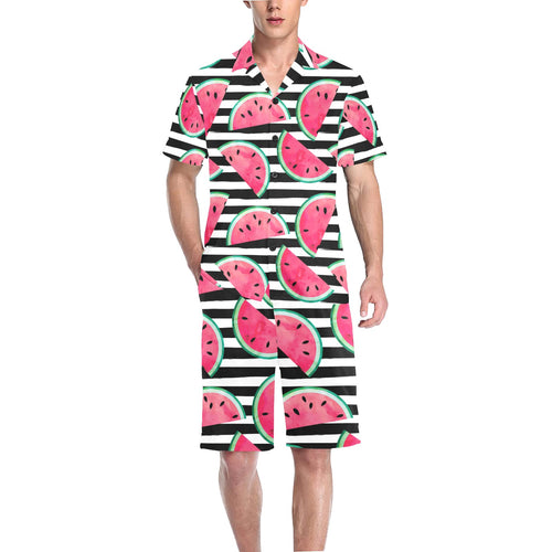 Watercolor paint textured watermelon pieces Men's V-Neck Short Pajama Set