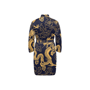 Gold dragon pattern Men's Long Sleeve Belted Night Robe