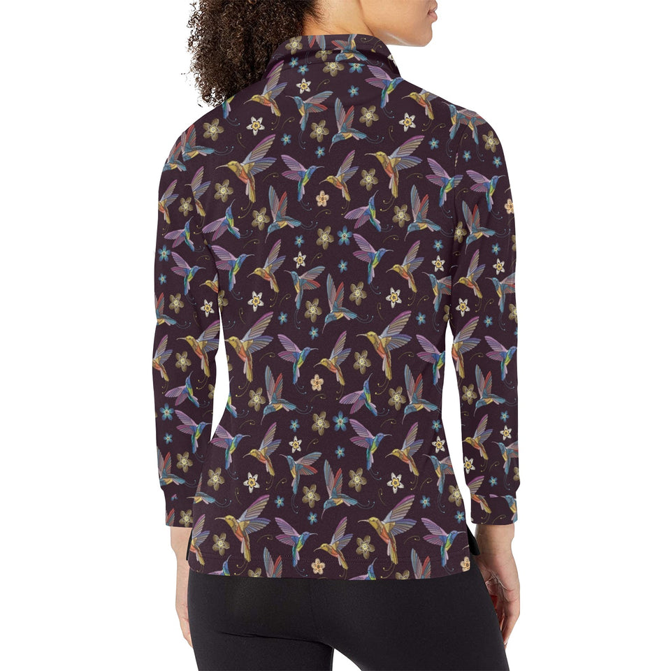 Hummingbird Pattern Print Design 04 Women's Long Sleeve Polo Shirt