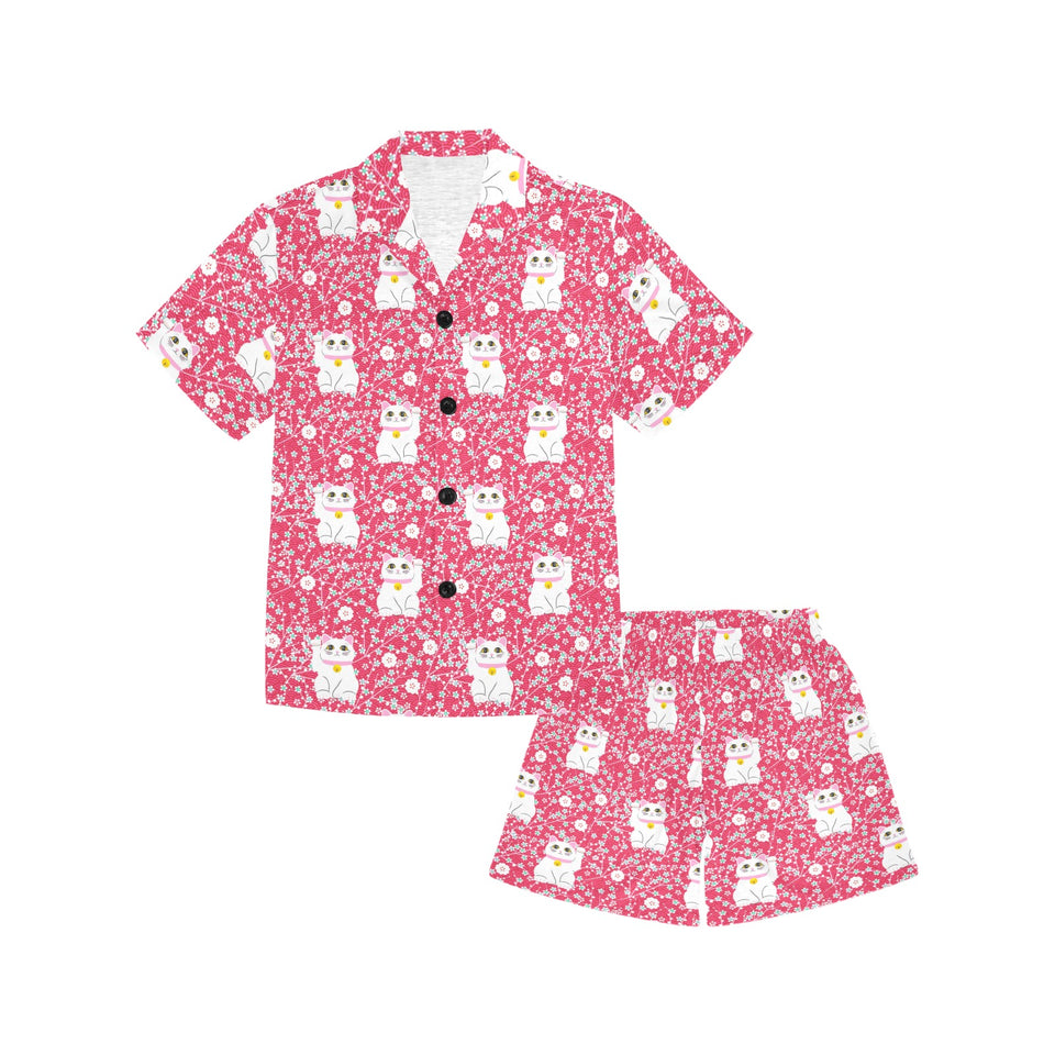 Maneki neko cat sakura pink background Kids' Boys' Girls' V-Neck Short Pajama Set