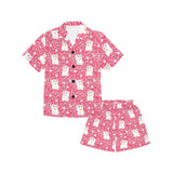 Maneki neko cat sakura pink background Kids' Boys' Girls' V-Neck Short Pajama Set