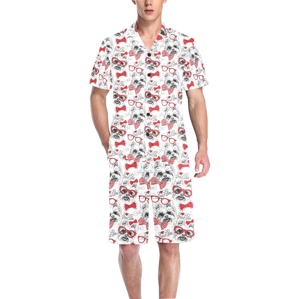 Yorkshire Terrier Pattern Print Design 04 Men's V-Neck Short Pajama Set
