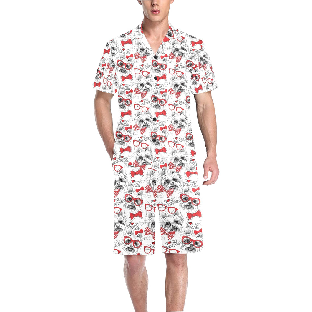 Yorkshire Terrier Pattern Print Design 04 Men's V-Neck Short Pajama Set