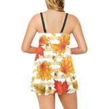 Maple leaf oak leaf acorns beige striped backgroun Chest Sexy Pleated Two Piece Swim Dress
