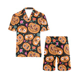 Pumpkin flowers spiderweb Halloween theme Men's V-Neck Short Pajama Set