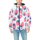 Strawberry pattern blue lines background Men's Padded Hooded Jacket