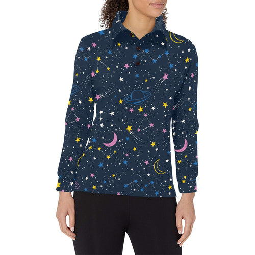 space pattern with planets, comets, constellations Women's Long Sleeve Polo Shirt
