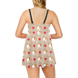 English Bulldog Pattern Print Design 05 Chest Sexy Pleated Two Piece Swim Dress