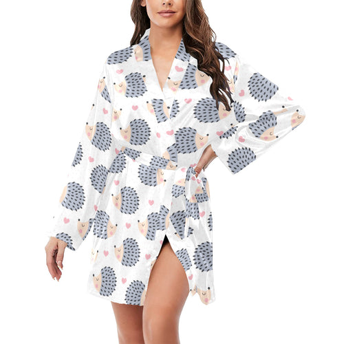 Hedgehog Pattern Print Design 04 Women's Long Sleeve Belted Night Robe