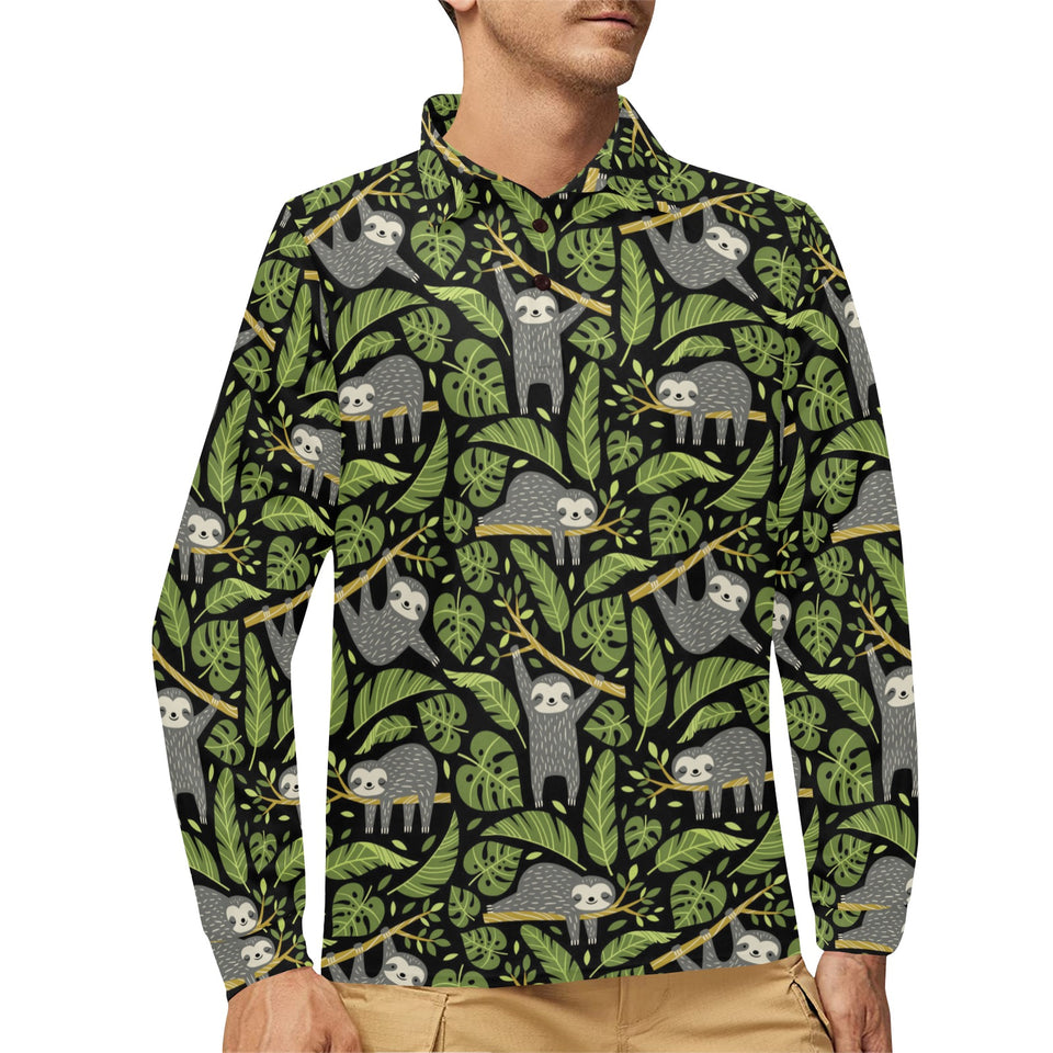Cute sloths tropical palm leaves black background Men's Long Sleeve Polo Shirt