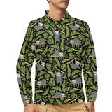 Cute sloths tropical palm leaves black background Men's Long Sleeve Polo Shirt