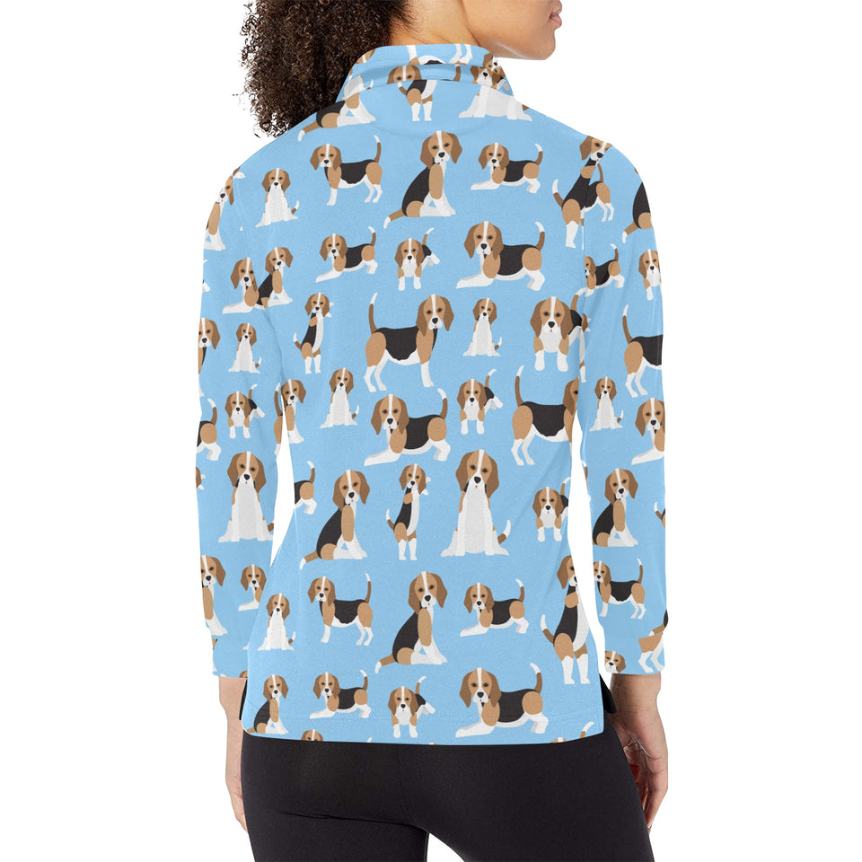 Beagle dog blue background pattern Women's Long Sleeve Polo Shirt