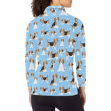 Beagle dog blue background pattern Women's Long Sleeve Polo Shirt