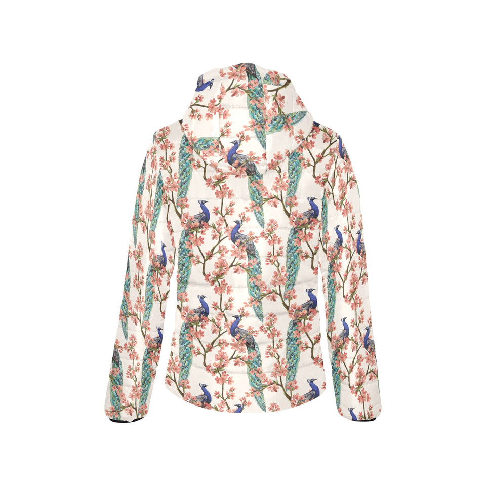 Peacock tropical flower pattern Women's Padded Hooded Jacket