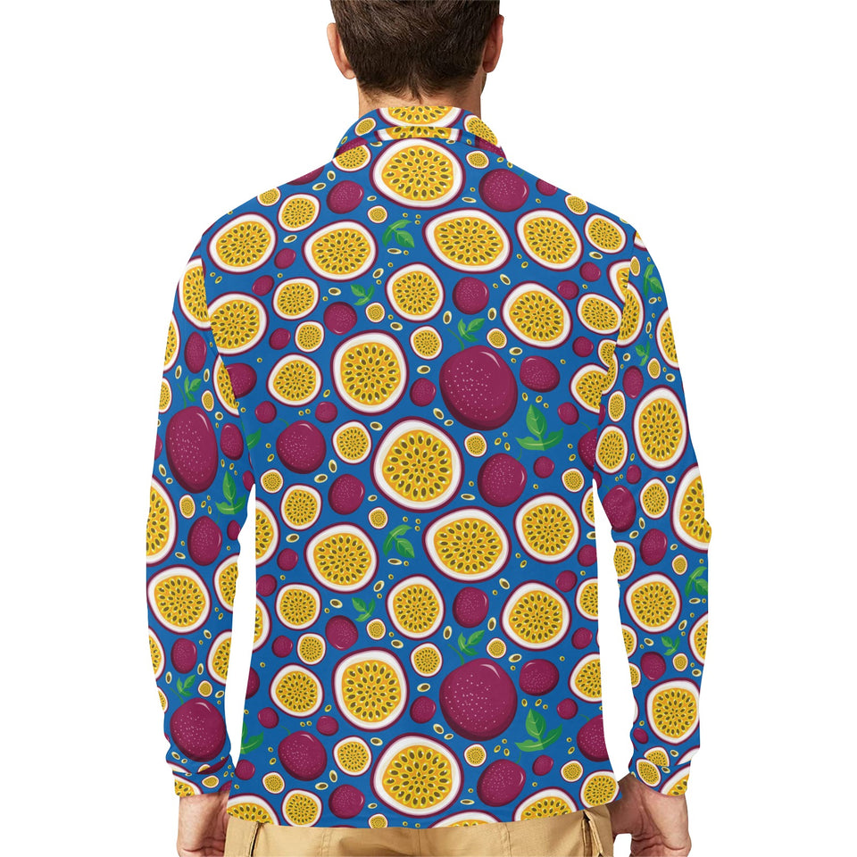 Passion fruit blue background Men's Long Sleeve Polo Shirt