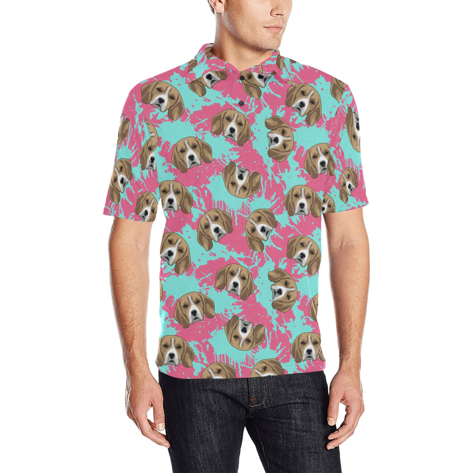 Beagle muzzles turquoise paint splashes pink patte Men's All Over Print Polo Shirt