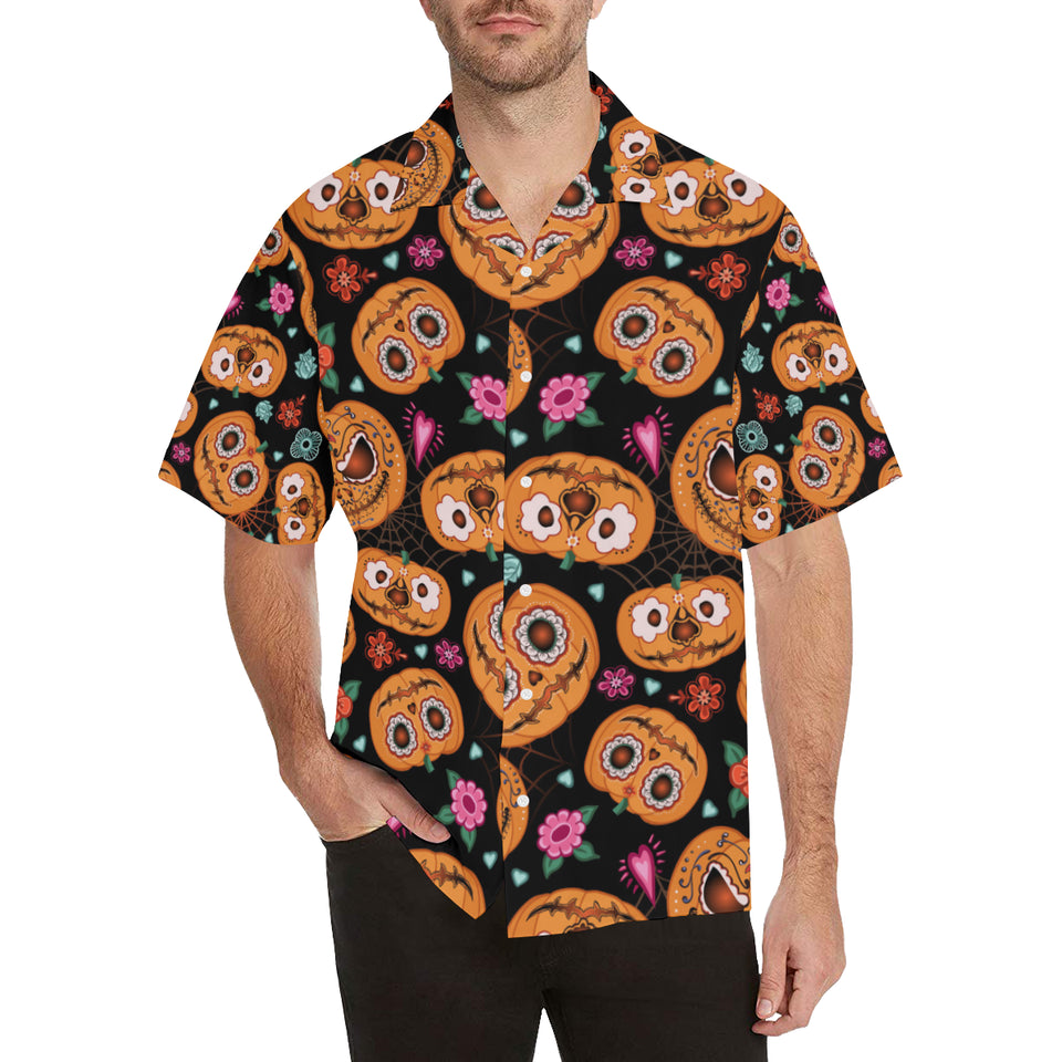 Pumpkin flowers spiderweb Halloween theme Men's All Over Print Hawaiian Shirt