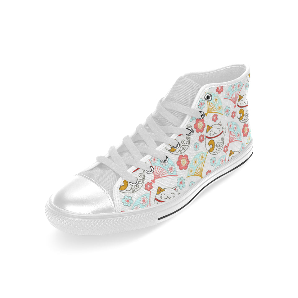 Maneki neko cat fan sakura Men's High Top Canvas Shoes White