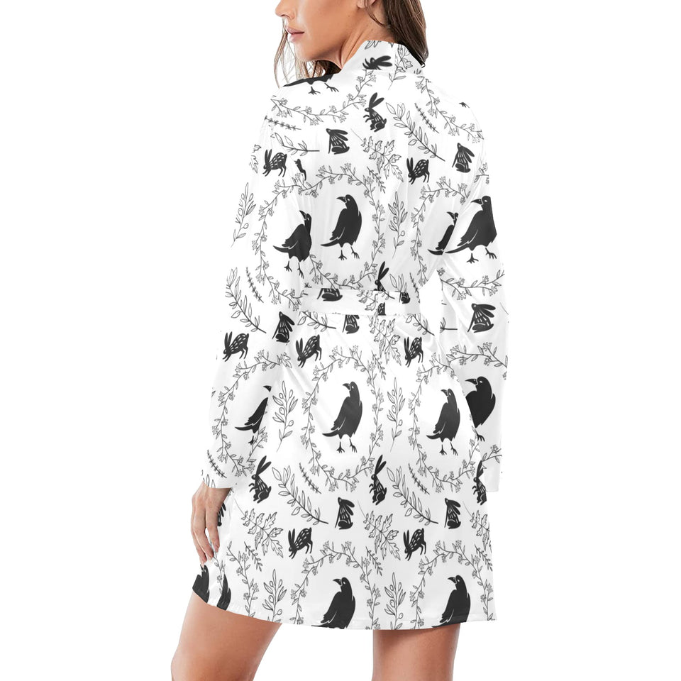 Crows floral wreath rabbit pattern Women's Long Sleeve Belted Night Robe