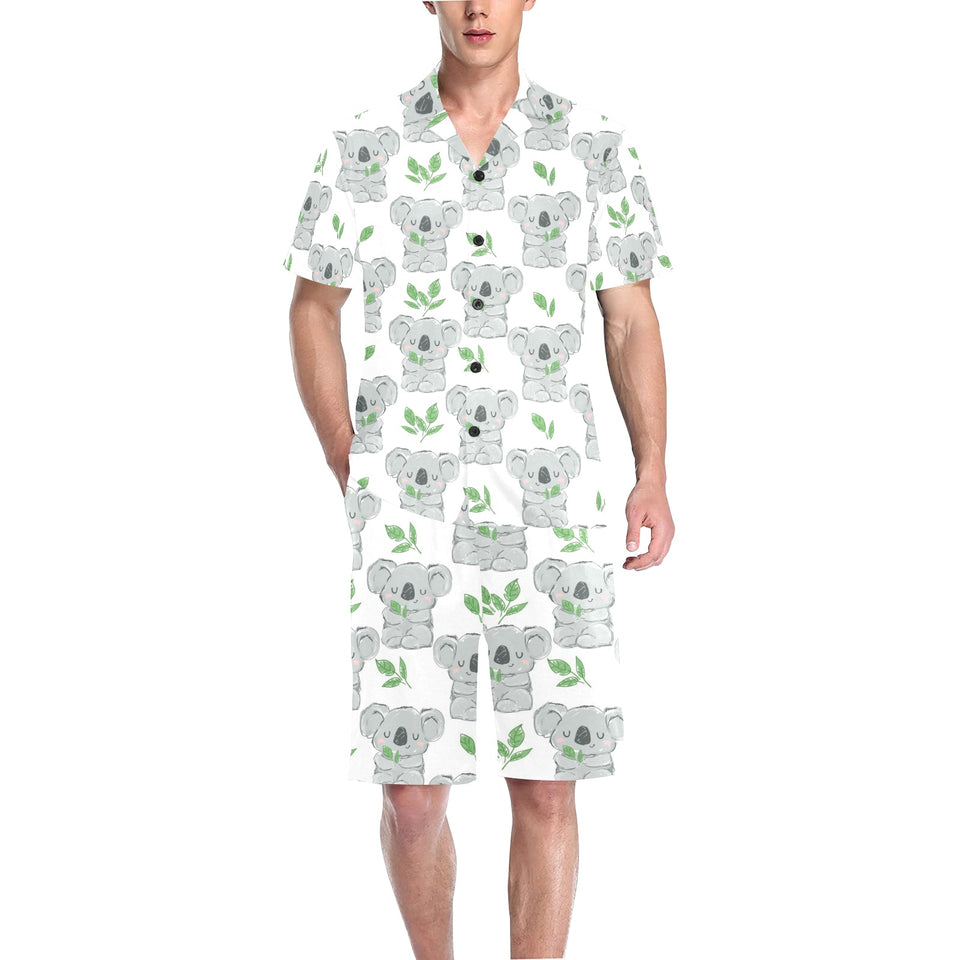 Hand drawn Koala leaves pattern Men's V-Neck Short Pajama Set