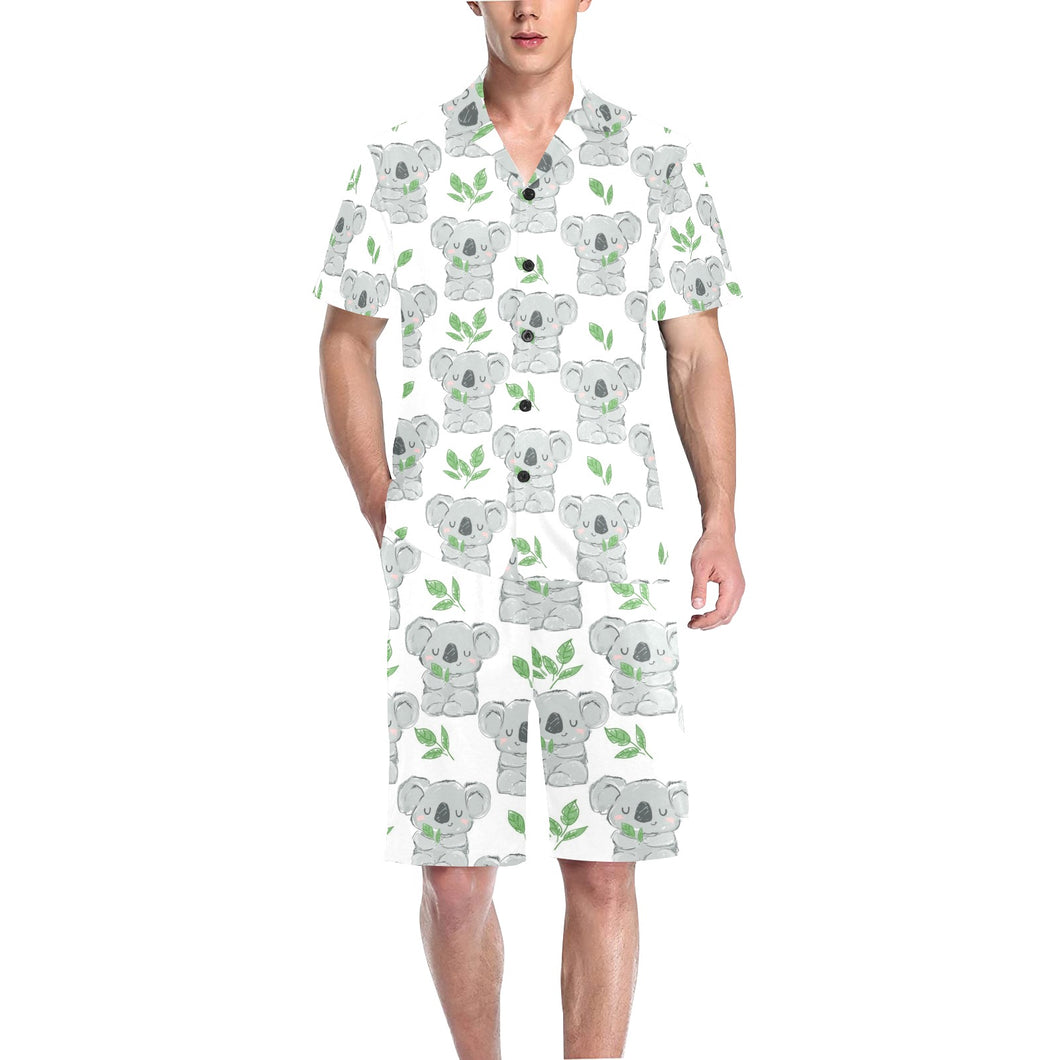 Hand drawn Koala leaves pattern Men's V-Neck Short Pajama Set