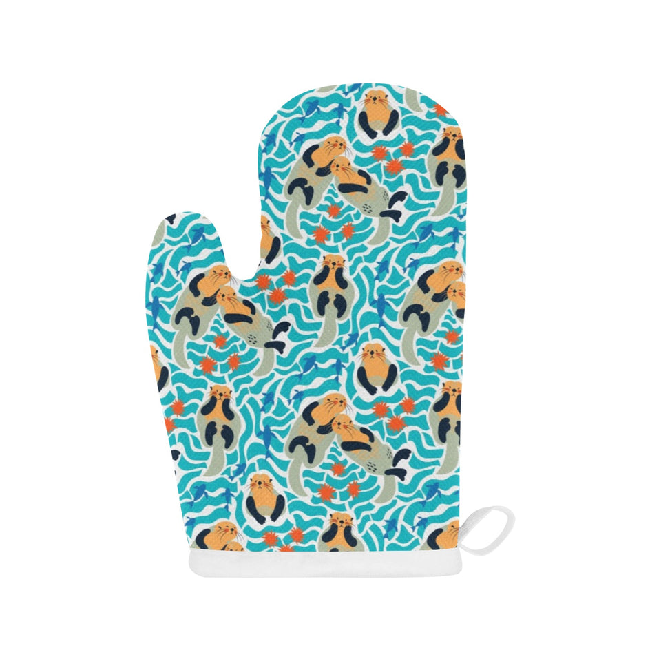 Cute sea otters fishe sea urchin pattern Heat Resistant Oven Mitts