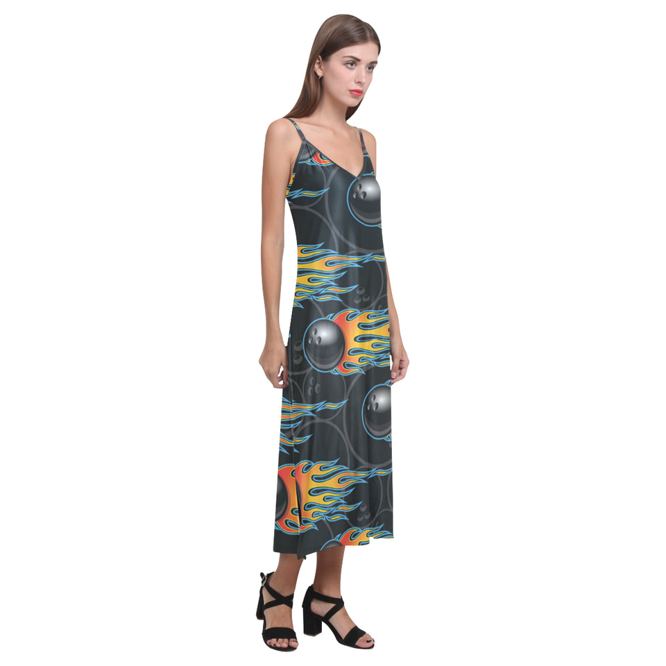 Bowling balls flame pattern V-Neck Open Fork Long Dress