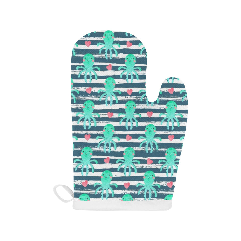 Cute octopuses heart striped background Heat Resistant Oven Mitts