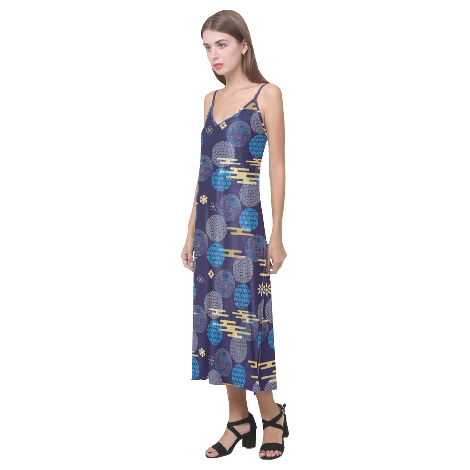 Blue japanese pattern cloud wave flower V-Neck Open Fork Long Dress
