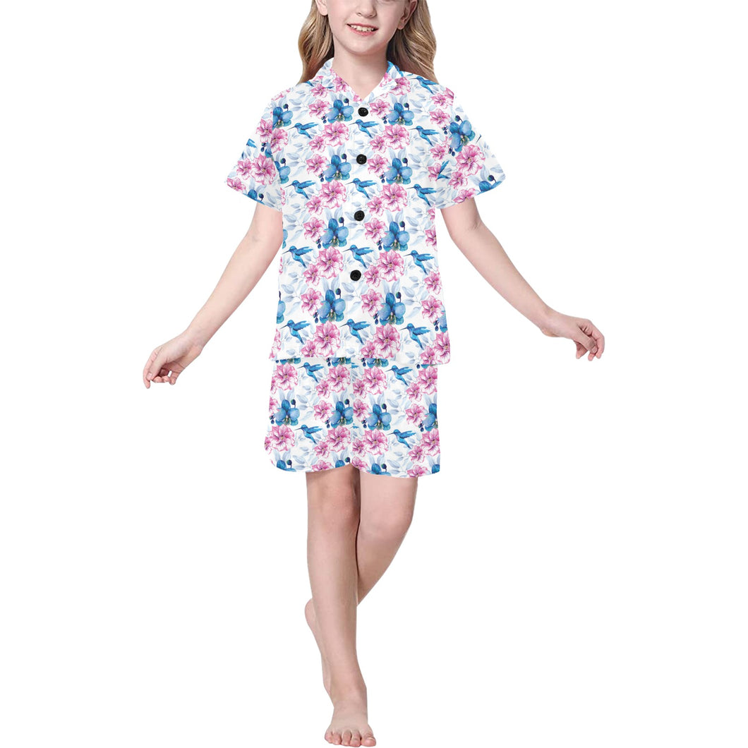 Hummingbird Pattern Print Design 02 Kids' Boys' Girls' V-Neck Short Pajama Set