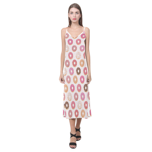 Colorful donut pattern V-Neck Open Fork Long Dress