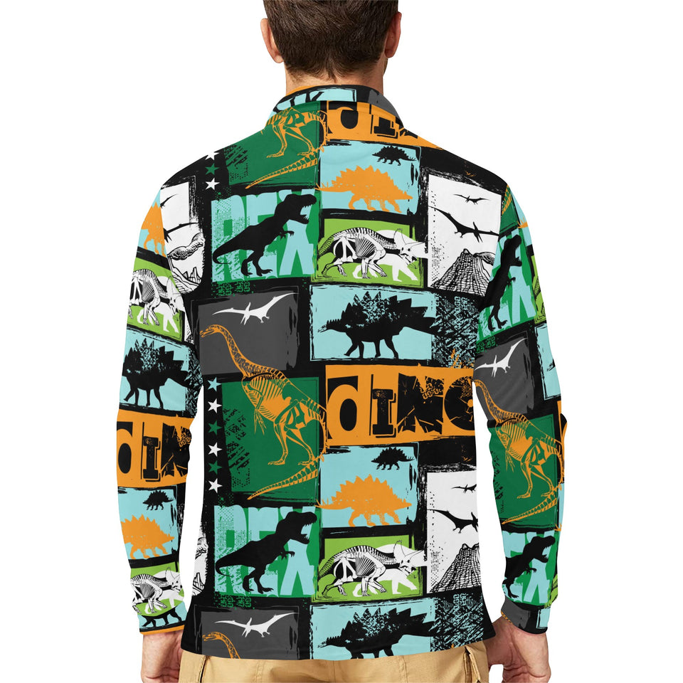 dinosaurs print pattern Men's Long Sleeve Polo Shirt