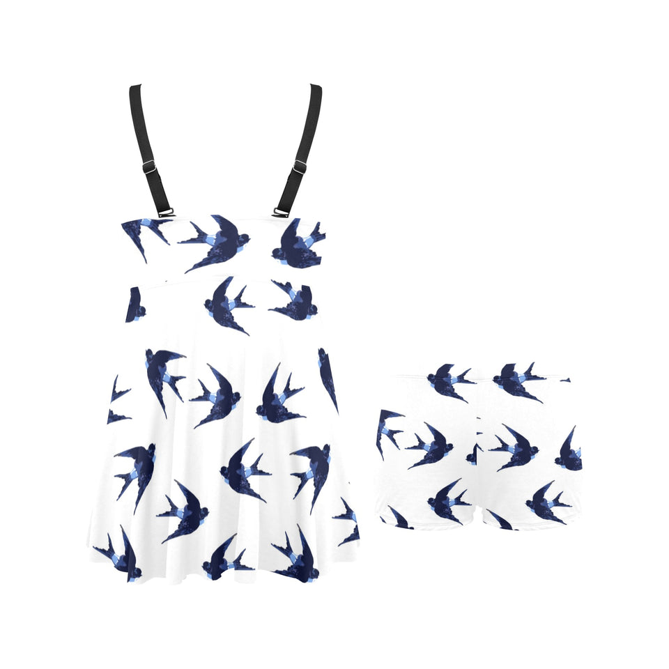 Swallow Pattern Print Design 03 Chest Sexy Pleated Two Piece Swim Dress