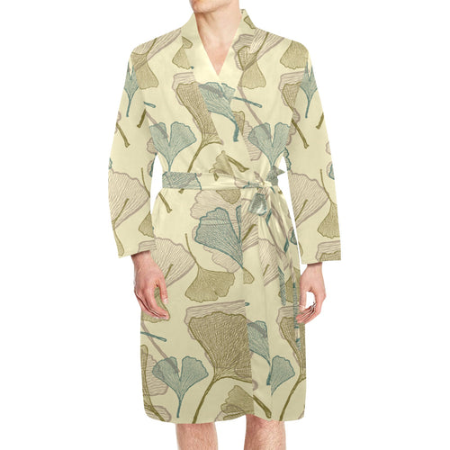 Ginkgo leaves design pattern Men's Long Sleeve Belted Night Robe
