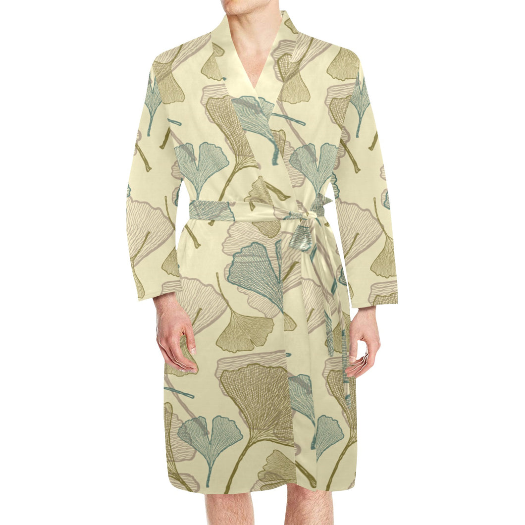 Ginkgo leaves design pattern Men's Long Sleeve Belted Night Robe