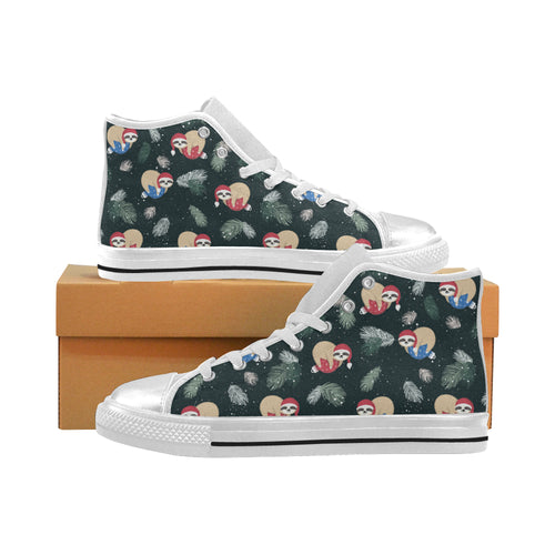 Cute sloths sleeping christmas ball santa hat patt Women's High Top Canvas Shoes White