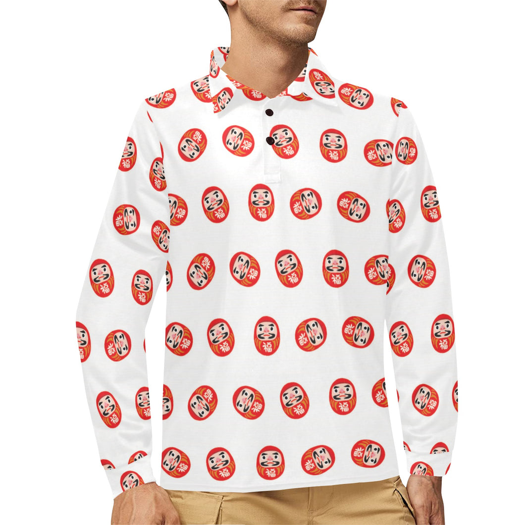 Daruma japanese wooden doll pattern Men's Long Sleeve Polo Shirt