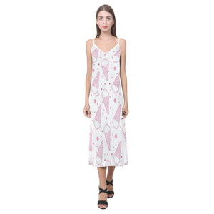 Hand drawn ice cream pattern V-Neck Open Fork Long Dress