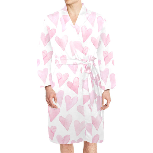 Watercolor pink heart pattern Men's Long Sleeve Belted Night Robe
