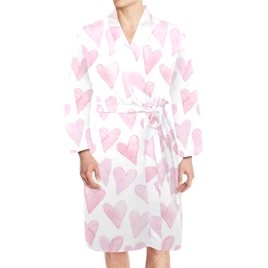 Watercolor pink heart pattern Men's Long Sleeve Belted Night Robe