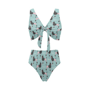 poodle dog green background Chest Bowknot High Waisted Bikini Swimsuit