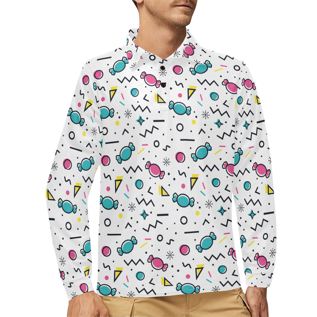 Candy design pattern Men's Long Sleeve Polo Shirt