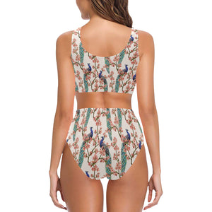 Peacock tropical flower pattern Chest Bowknot High Waisted Bikini Swimsuit