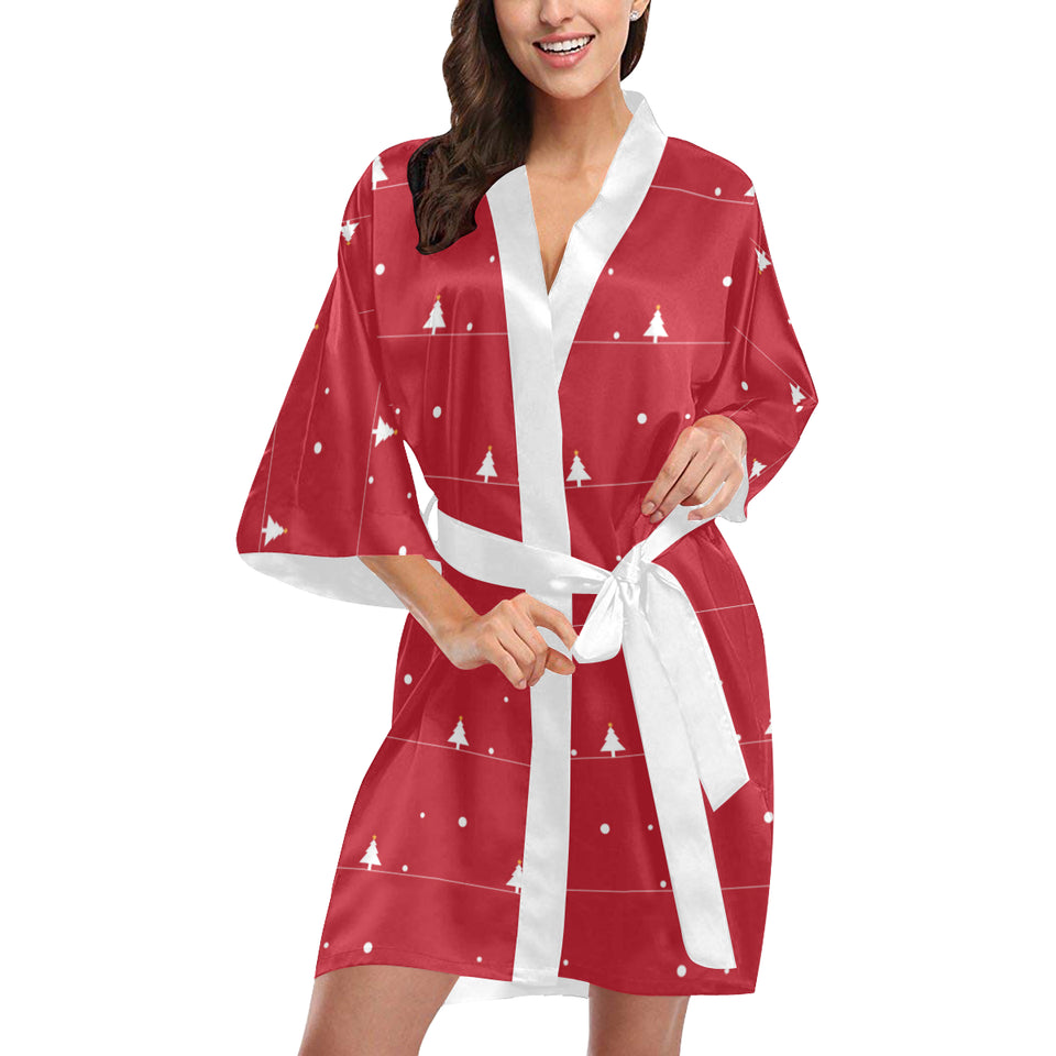 Christmas tree star snow red background Women's Short Kimono Robe