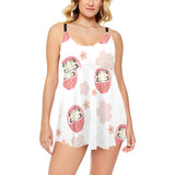 Daruma japanese wooden doll cherry blossom flower Chest Sexy Pleated Two Piece Swim Dress