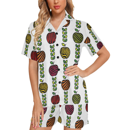 colorful apples leave zebra stripe Women's V-Neck Short Pajama Set