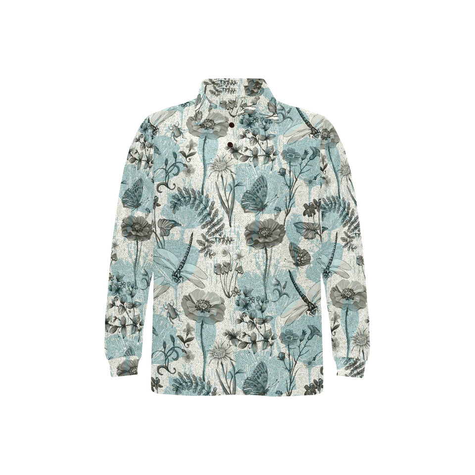 Dragonfly Butterfly Plants insect flower vintage s Men's Long Sleeve Polo Shirt