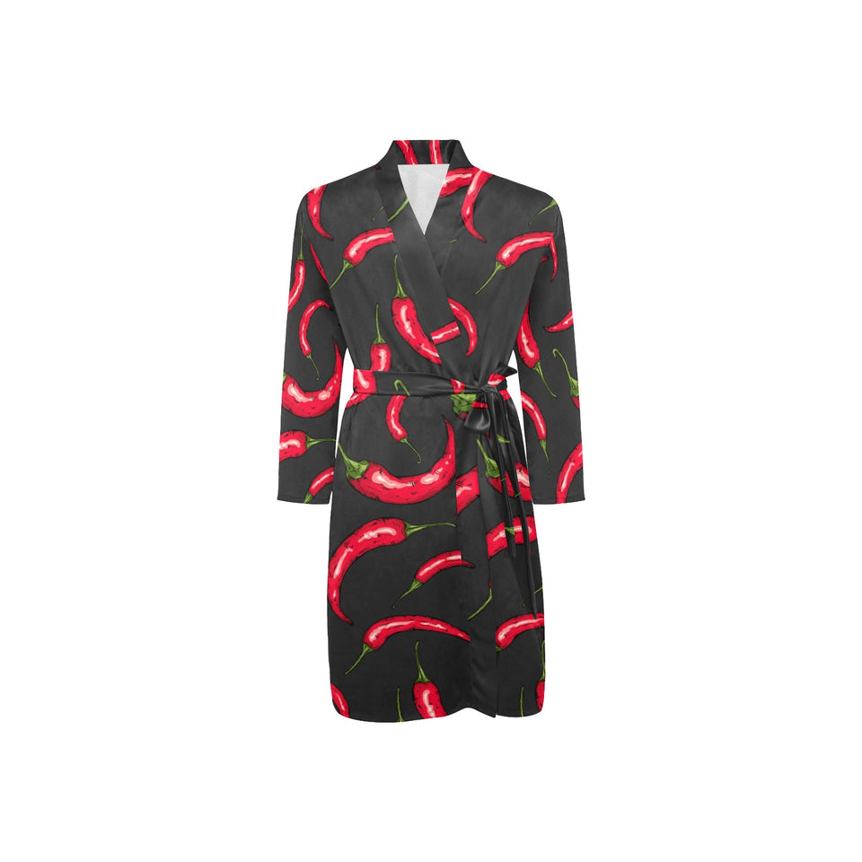 Chili peppers pattern black background Men's Long Sleeve Belted Night Robe
