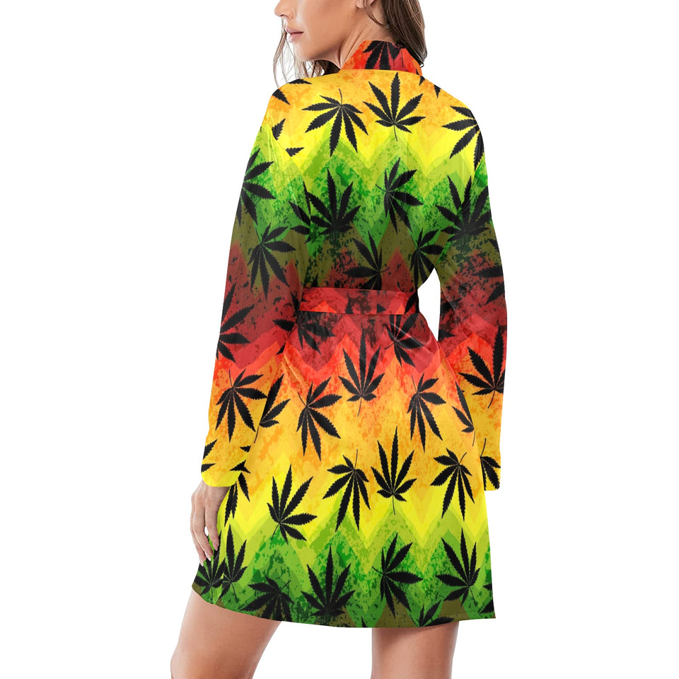 Canabis Marijuana Weed Pattern Print Design 03 Women's Long Sleeve Belted Night Robe