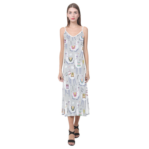 Cute Llama Alpaca pattern V-Neck Open Fork Long Dress